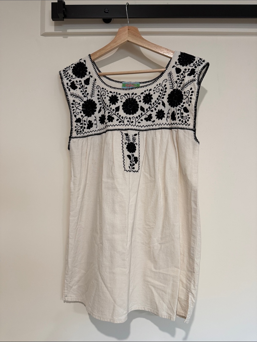 Embroidered Sleeveless Cotton Tunic Blouse - White with Black Floral